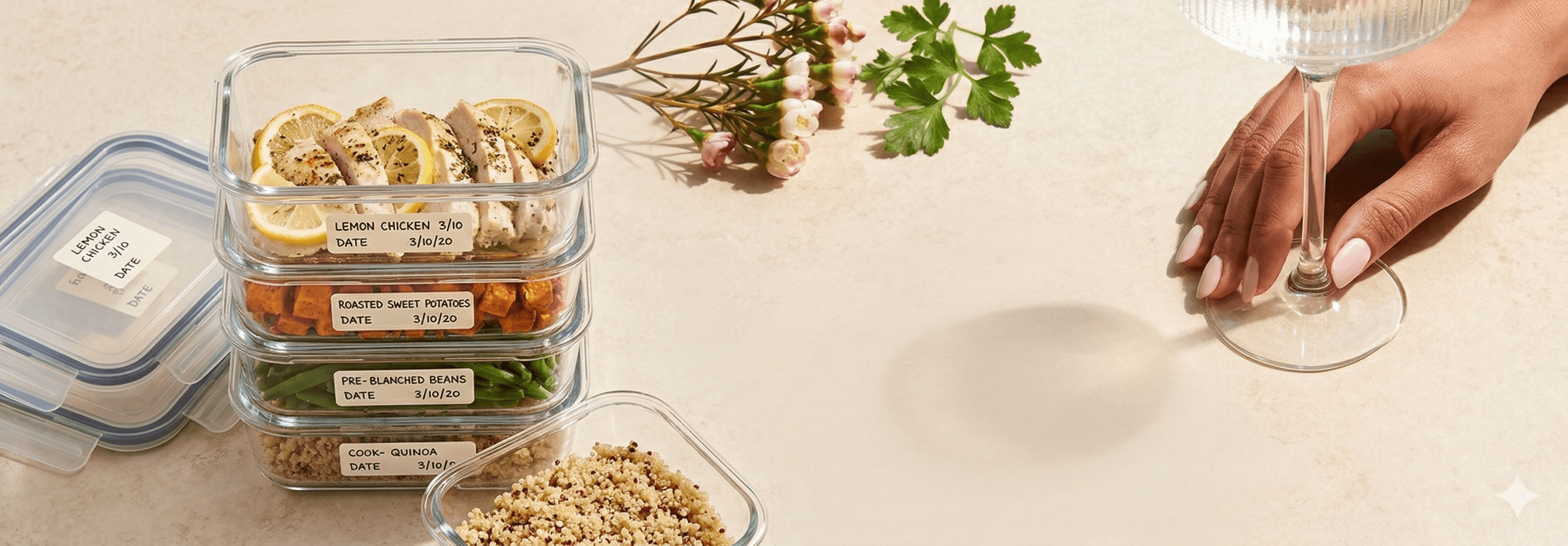 Prepared meals and ingredients laid out for weekly cooking.