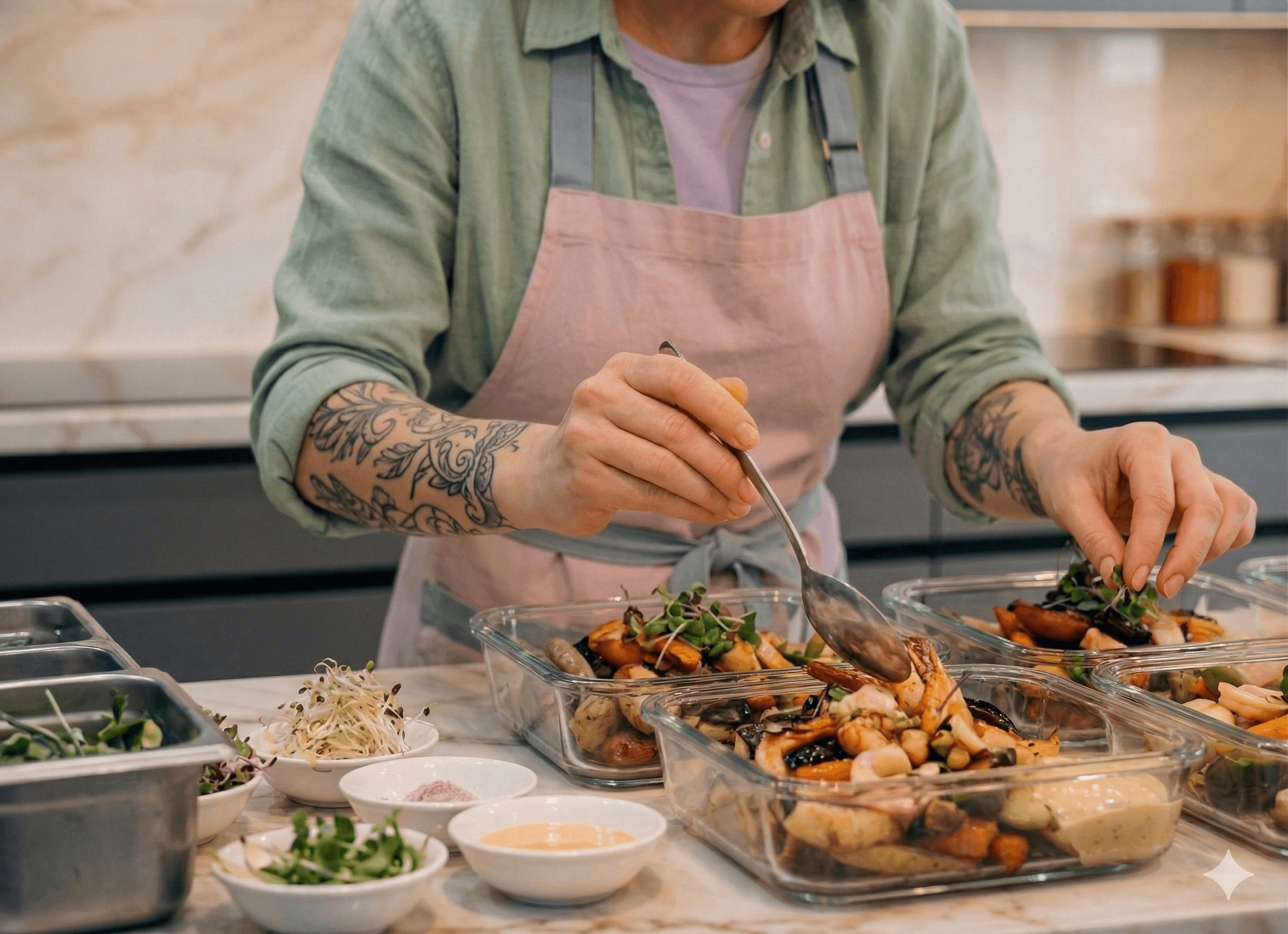A person portioning meal prep containers in a home kitchen.