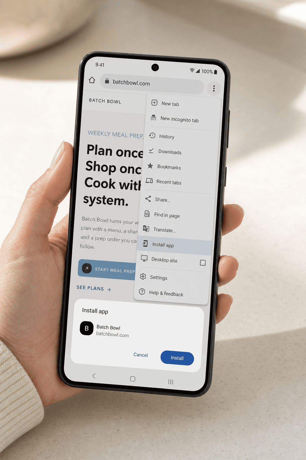 Realistic Android Chrome screen showing the Install app option for Batch Bowl.
