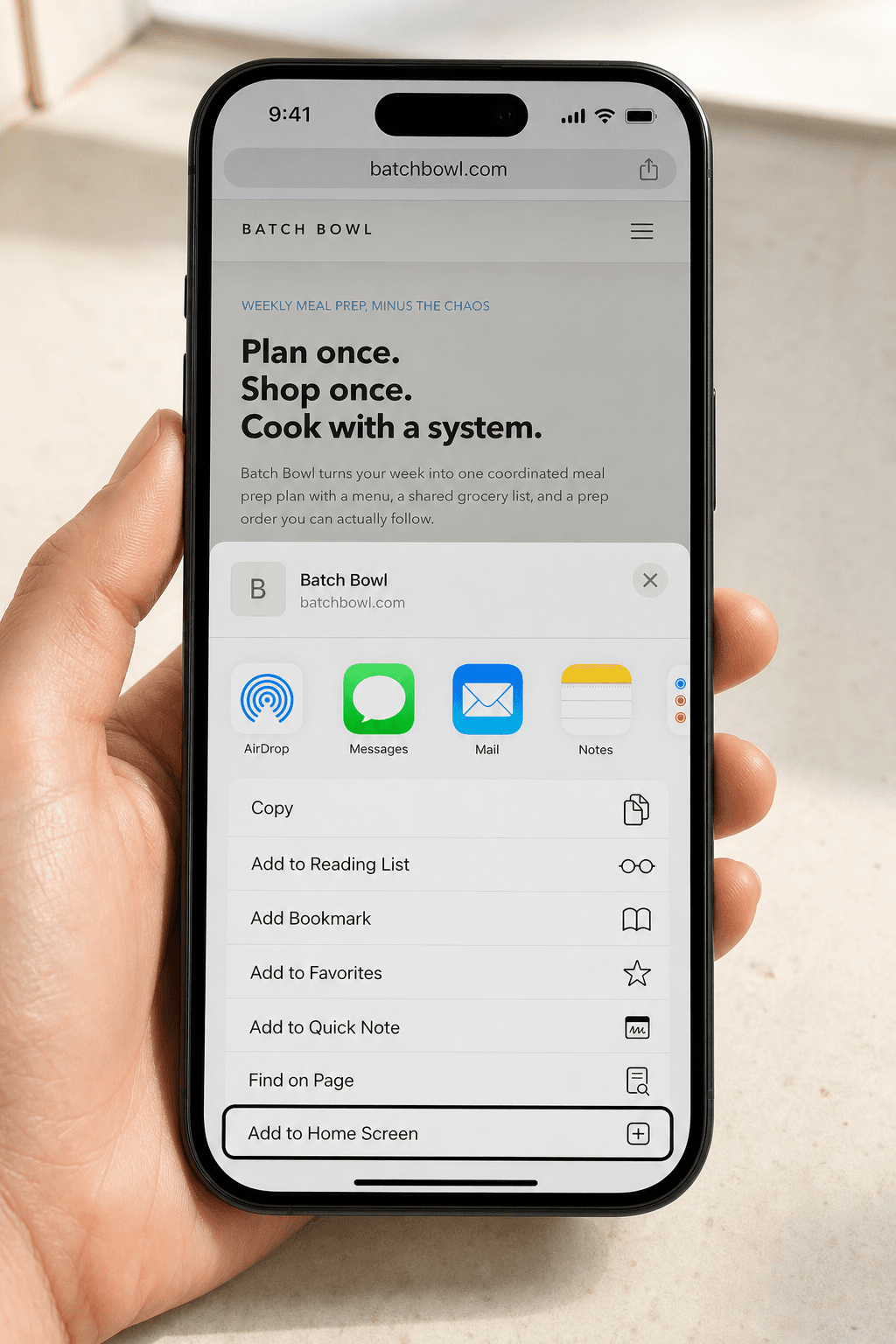 Realistic iPhone Safari screen showing the Add to Home Screen option for Batch Bowl.